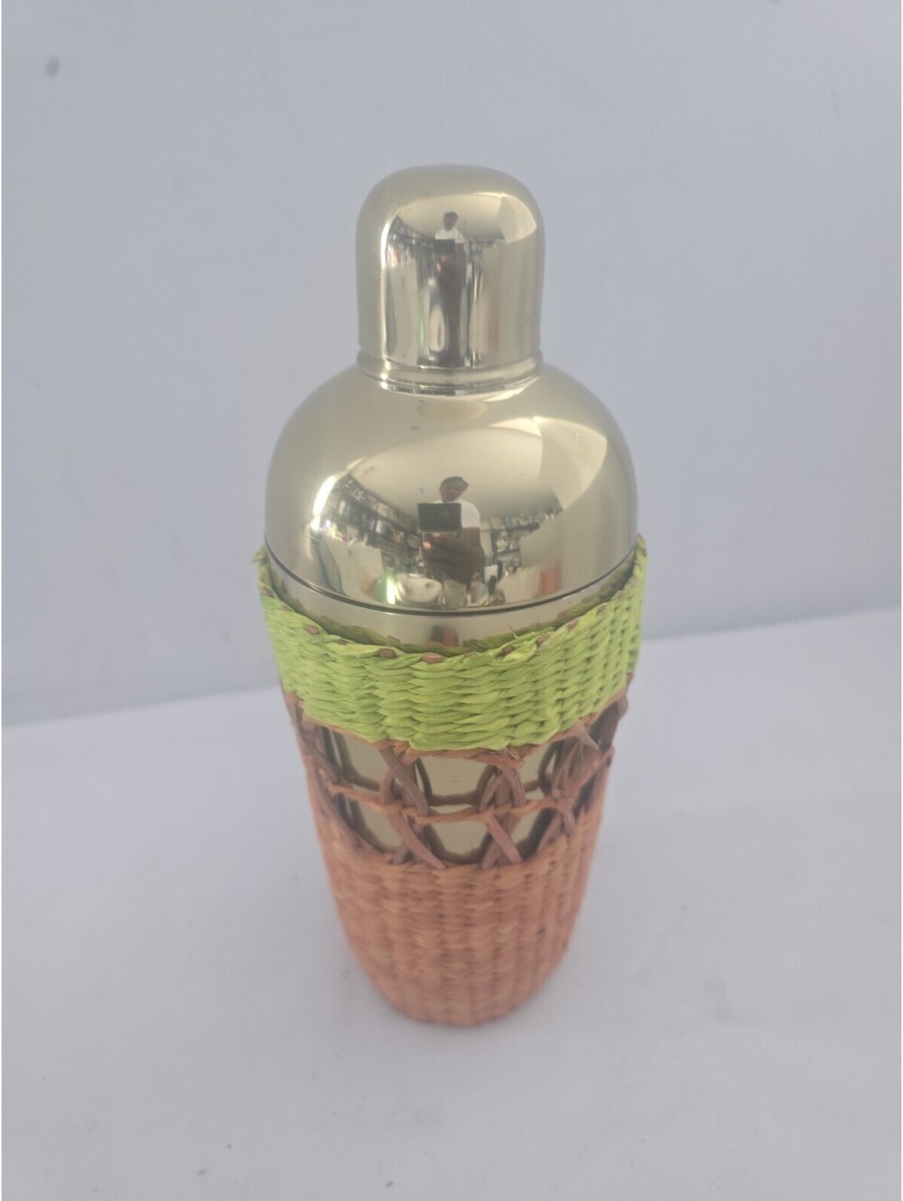 Anthropologie Woven Rattan Cocktail Shaker Gold Metal Orange Green Barware